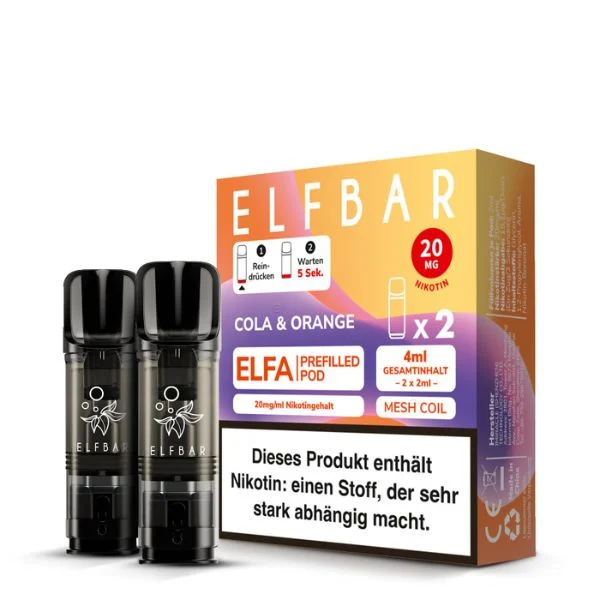 Verpackung der ElfBar ELFA Pods Cola & Orange mit 20 mg Nikotin und 2 vorbefüllten Pods à 2 ml