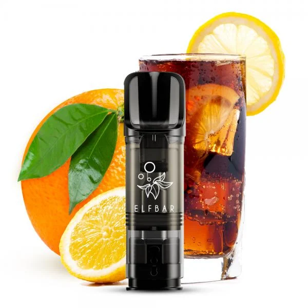 ElfBar ELFA Pod Cola & Orange mit Orangenscheiben und Glas Cola im Hintergrund
