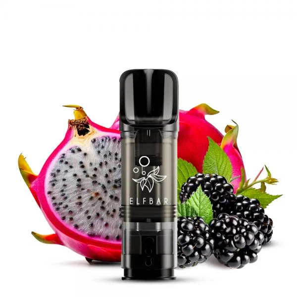 ElfBar ELFA Pod Dragon Fruit Blackberry mit Drachenfrucht und Brombeeren im Hintergrund