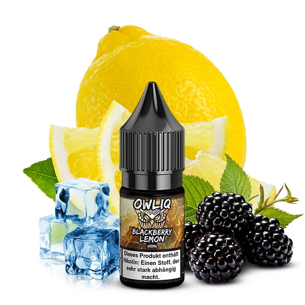OWLIQ Blackberry Lemon Nikotinsalz Liquid Flasche mit Zitronen, Brombeeren und Eiswürfeln im Hintergrund