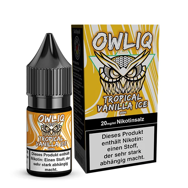 OWLIQ Tropical Vanilla Ice Nikotinsalz Liquid mit Verpackung – 10 ml Flasche und gelb-weißes Design mit Eulenlogo