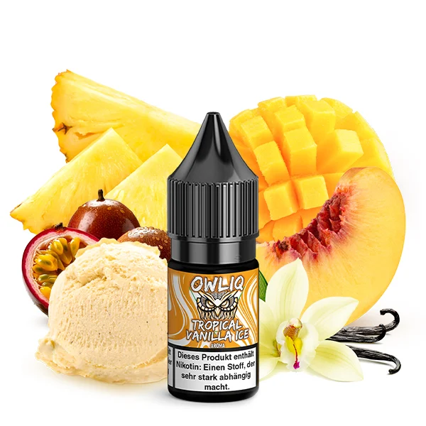 OWLIQ Tropical Vanilla Ice Nikotinsalz Liquid Flasche mit Vanille, Ananas, Mango, Pfirsich und Passionsfrucht im Hintergrund