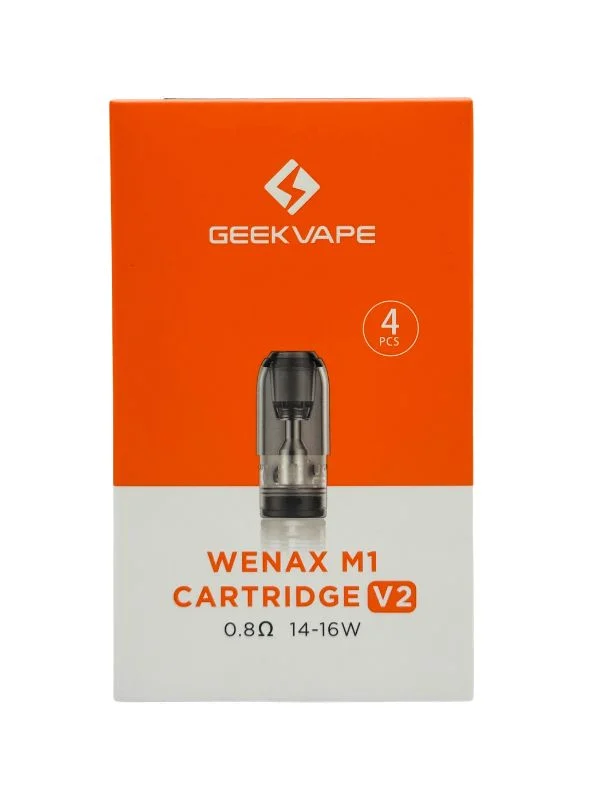 Verpackung der Geekvape Wenax M1 Cartridge V2 mit 0,8 Ohm Widerstand im 4er-Pack.
