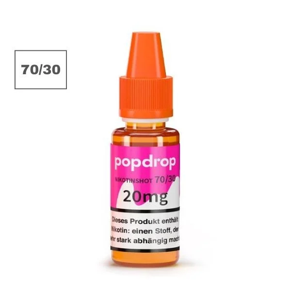 Popdrop Nikotinshot 20 mg im Mischungsverhältnis 70/30 in einer pink-orangefarbenen 10-ml-Flasche.