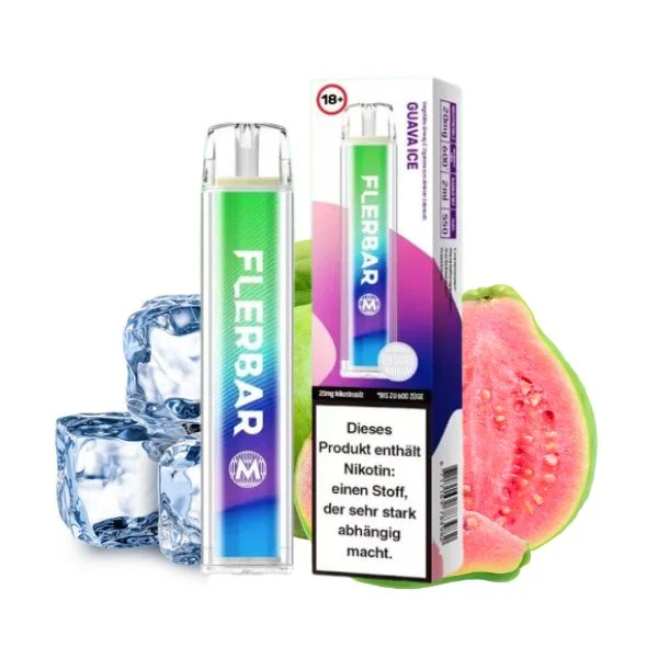 Flerbar Vape Guava Ice Einweg E-Zigarette mit Verpackung, Guave und Eiswürfeln im Hintergrund
