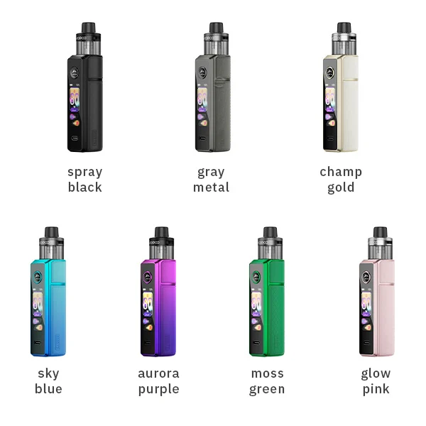 VooPoo Drag X3 Pod Kit in acht Farbvarianten: Spray Black, Gray Metal, Champ Gold, Sky Blue, Aurora Purple, Moss Green und Glow Pink